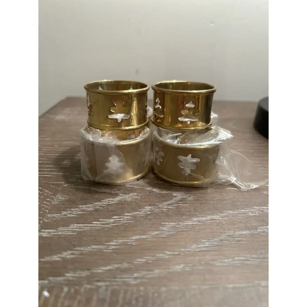 Vtg Brass Christmas Tree Napkin Rings set of 6 Dining‎ Table Linen Decor Holiday